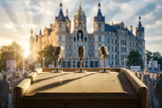 Ein elegantes Holz-Rednerpult mit drei Mikrofonen steht vor dem Schweriner Schloss im goldenen Morgenlicht, bereit für den Landtagswahl MV Wahlkampf.