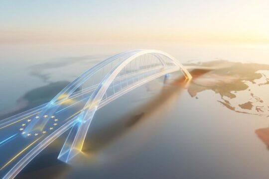 Futuristische Brücke mit EU-Akzenten verbindet Europa mit globalen Märkten. Sie steht für neue EU-Freihandelsabkommen und Expansion.