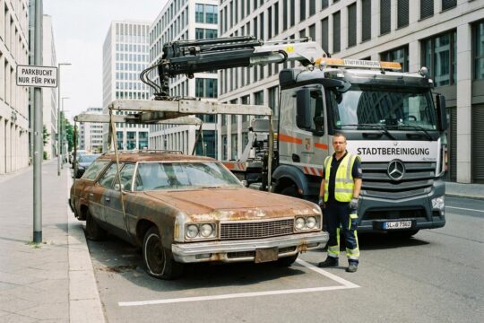 Ein rostiger Schrottwagen mit platten Reifen wird professionell aus einer Parkbucht gehoben, um Schrottautos zu entsorgen. Ein Mitarbeiter in Warnweste überwacht den Vorgang in der Stadt.