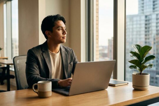 Junge Person der Generation Z in der Arbeitswelt blickt nachdenklich von ihrem Laptop in einem hellen Homeoffice. Ein Kaffeebecher und eine Pflanze auf dem Schreibtisch betonen Flexibilität.