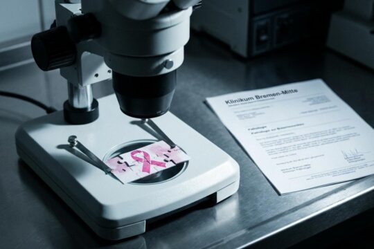 Ein Mikroskop mit fragmentiertem Brustgewebe symbolisiert die Fehldiagnosen. Daneben ein Dokument zum Brustkrebs Skandal Bremen.