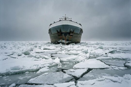 Dicke Eisschollen umschließen den Bug eines Güterschiffs auf dem vollständig zugefrorenen Mittellandkanal. Die Mittellandkanal Sperrung wegen Eis stoppt den Verkehr.