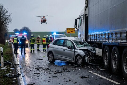 Stark deformierter silberner PKW unter LKW-Auflieger auf nasser Straße nach schwerem Autounfall Nunkirchen. Blaue Rettungslichter reflektieren.