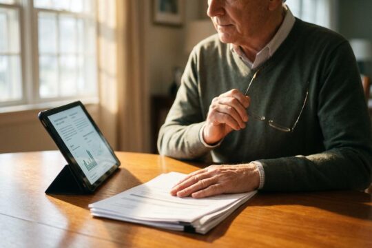 Würdevolle ältere Person prüft am Holztisch Finanzdokumente und Tablet, um ihre Versicherungen für Rentner vorausschauend zu planen.