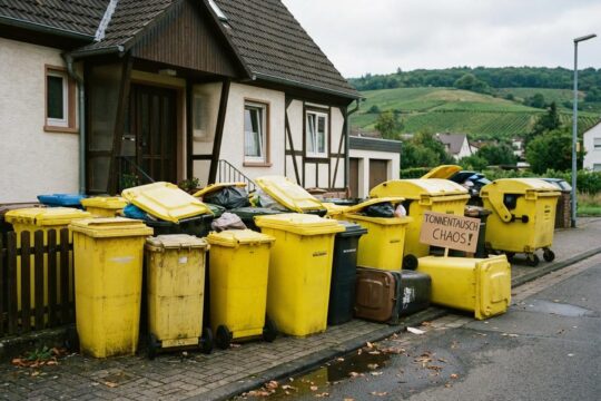 Ein Durcheinander alter und neuer Gelber Tonnen blockiert einen Bürgersteig im Rheingau-Taunus-Kreis. Diese Szene verdeutlicht das Chaos rund um die Gelbe Tonne Rheingau-Taunus.