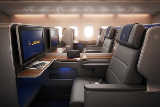 Ein luxuriöser, moderner Einzelsitz der neuen Lufthansa A380 Business Class mit direktem Gangzugang, großem Bildschirm und edlen Grautönen.