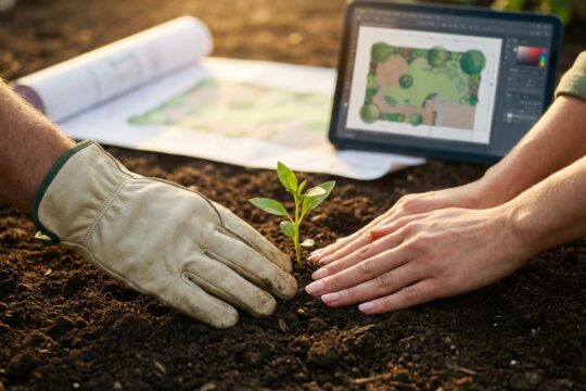Zwei Hände pflanzen behutsam einen grünen Setzling in Erde, mit Businessplan im Hintergrund. So ein Gartenbau Unternehmen gründen, das erfolgreich wächst.