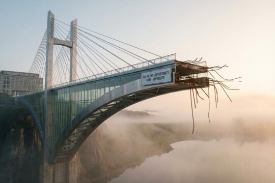 Eine unvollendete Glas- und Stahlbrücke ragt ins Leere, Symbol für das abrupte Ende des a16z TxO Fonds und ungenutztes Potenzial. Melancholische Dämmerung umhüllt die Szene.