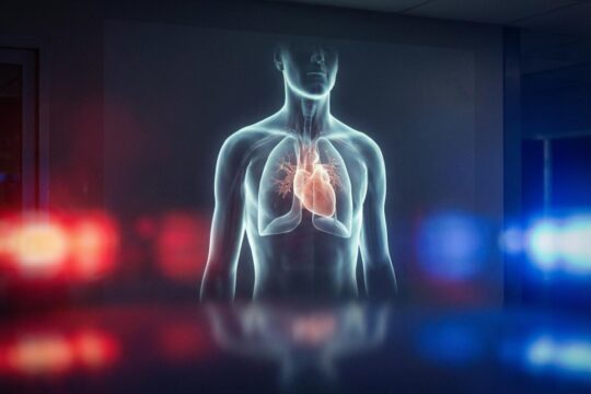 Ein stilisierter menschlicher Torso mit leuchtendem Herzen auf der rechten Seite und Notarztlicht-Reflexionen symbolisiert die Catherine O'Hara Todesumstände.