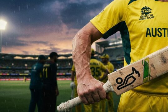 Nahaufnahme eines Unterarms in Australiens Teamfarben, der einen Cricket-Schläger hält. Der Australien T20 WM Kader zeigt Entschlossenheit vor Stadionkulisse.
