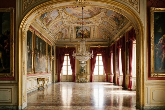 Prächtiger italienischer Palastsalon aus dem Bildband Italian Palaces. Goldstuck, Fresken, Kristalllüster und glänzender Marmorboden im warmen Licht.