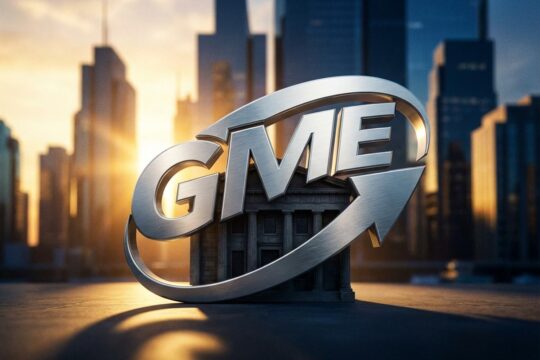 Ein glänzendes GME-Logo umschließt eine klassische Firmenfassade, symbolisierend die GameStop Übernahme und das Erwecken von Werten vor einer modernen Finanz-Skyline.