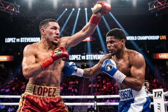 Zwei Boxer in dramatischer Kampfpose, Schweiß fliegt bei einem kraftvollen Schlag. Dieses Duell symbolisiert die Intensität des Lopez vs Stevenson Live Stream.