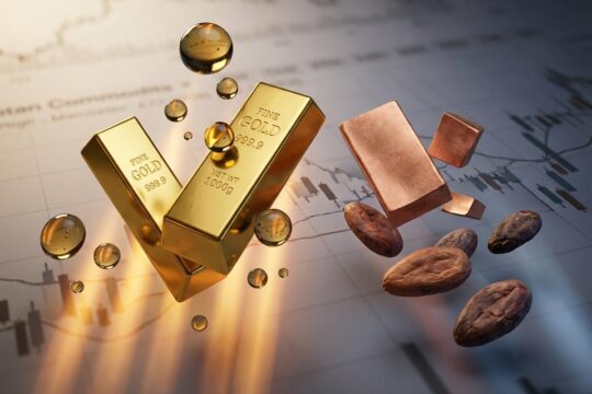 Glänzende Goldbarren und Erdöltropfen steigen empor, matte Kupferstücke und Kakaobohnen sinken ab – eine dynamische Rohstoffpreise Entwicklung.