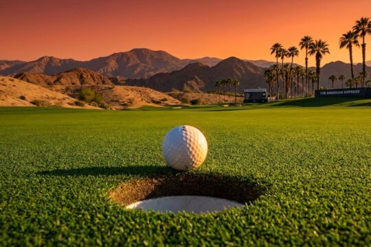 Ein Golfball balanciert dramatisch am Lochrand auf einem grünen Rasen unter goldenem Sonnenuntergang. Wüstenlandschaft mit Palmen im Hintergrund, typisch für The American Express.