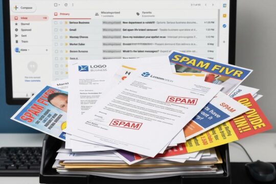 Ein überquellender Postkorb voller wichtiger Briefe mit "SPAM"-Stempel verdeutlicht Gmail Spam Filter Probleme, die echte Nachrichten blockieren.