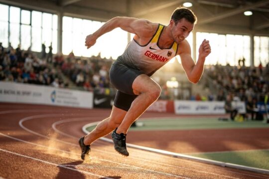 Ein sprintender Athlet/in stößt sich mit Spikeschuhen kraftvoll vom roten Hallenboden ab. Dramatisches Gegenlicht betont die Dynamik der deutschen Leichtathleten Hallensaison.