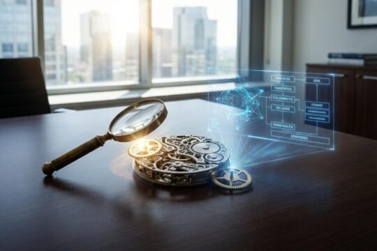 Das Ray Dalio Erfolgsgeheimnis: Ein Vergrößerungsglas analysiert ein Zahnrad, daneben ein Hologramm mit klaren Prinzipien.