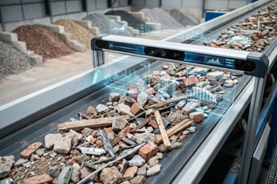 Modernes Bauschutt Recycling mit KI: Eine Sensorleiste analysiert Bauabfall auf einem Förderband, um Wertstoffe effizient zu sortieren. Im Hintergrund sortierte Materialien.