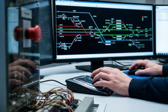 Hände eines Fahrdienstleiters am digitalen Stellwerk, wo die Stellwerk Funktionsweise modern und traditionell vereint.