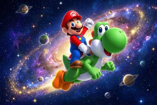 Super Mario reitet entschlossen auf Yoshi durch eine leuchtende Galaxie. Ein heldenhaftes Abenteuer für den Super Mario Galaxy Film.
