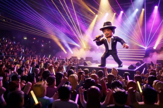 Ein ikonischer Bruno Mars Roblox-Avatar performt auf einer Laser-beleuchteten Bühne. Tausende Fans jubeln begeistert beim epischen Roblox Bruno Mars Konzert.