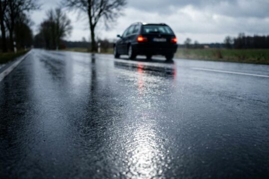 Eine spiegelglatte Landstraße in MV, bedeckt mit tückischer Eisschicht, reflektiert den grauen Himmel. Ein Auto fährt vorsichtig durch die Glätte MV.