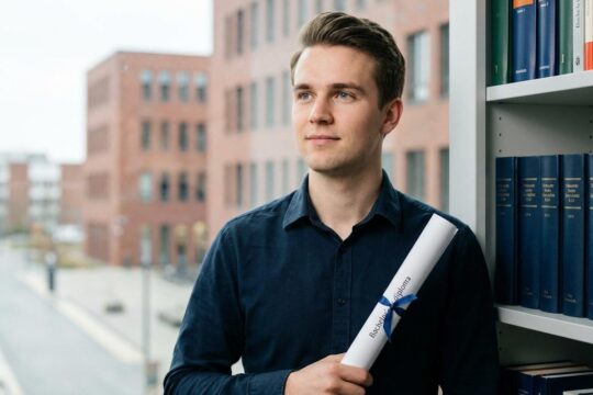 Ein junger Jura-Studierender hält sein aufgerolltes Jura-Bachelor Schleswig-Holstein Diplom und blickt zuversichtlich vor Kieler Uni.