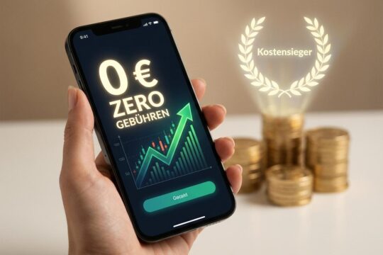 Moderne Hand hält Smartphone mit Trading-App, die "0 €" und einen aufwärts gerichteten Chart zeigt, symbolisierend finanzen.net zero Kostensieger. Goldmünzen im Hintergrund.