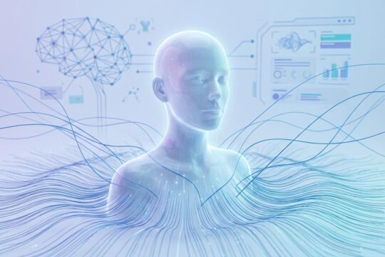 Leuchtender, transparenter KI-Avatar in Blau, der aus fließenden Datenströmen und Verbindungslinien aufsteigt, steht für KI Startup Synthesia.