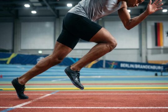Leichtathlet im Vollsprint auf roter Tartanbahn zeigt explosive Kraft der Landesmeisterschaften Berlin Brandenburg Leichtathletik.