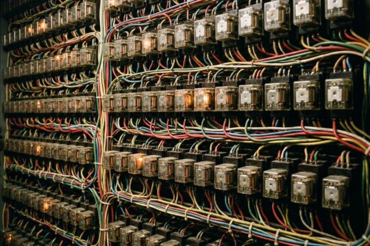 Historische Relais-Wand im Stellwerk, teils leuchtende Relais und komplexe Kabel zeigen die präzise Stellwerk Funktion und Technik.