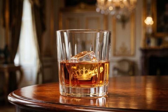 Ein edles Kristallglas mit bernsteinfarbenem Whisky und Eiswürfel auf Mahagonitisch vor unscharfem Palasthintergrund, der die Verbindung von Royals und Alkohol unterstreicht.