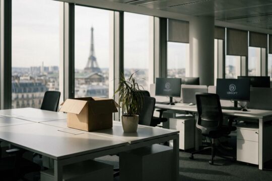 Verlassene Schreibtische in einem modernen Ubisoft-Büro in Paris, mit Blick auf den Eiffelturm, als Symbol für den Ubisoft Stellenabbau Paris.