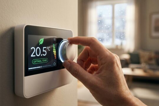 Eine Hand justiert einen Drehregler an einer Heizungssteuerung. Das Display zeigt 20.5°C und ein Energiesymbol, um die Heizung optimal einzustellen und effizient zu heizen.