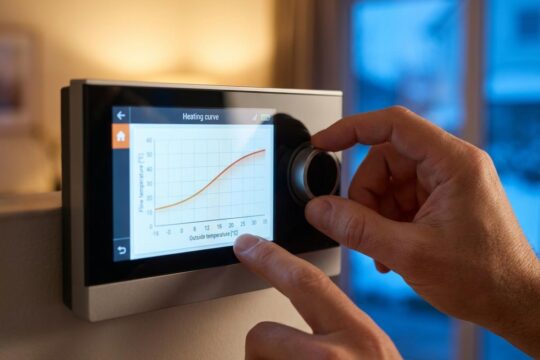 Detailansicht einer Hand, die auf einem digitalen Display die Heizkurve einstellt, um Heizkosten zu senken und den Wohnkomfort zu steigern.