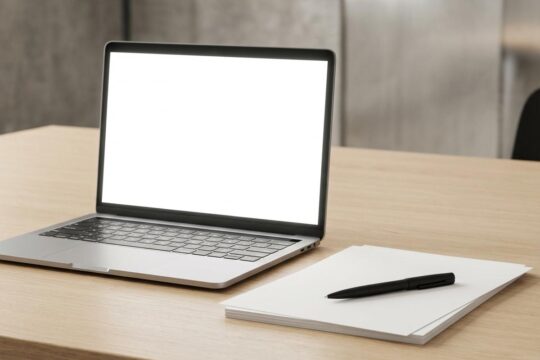 Ein aufgeräumter Schreibtisch mit offenem Laptop und leerem Bildschirm, daneben ein Stapel unbeschriebener Blätter. Dieser Artikel fehlt noch.