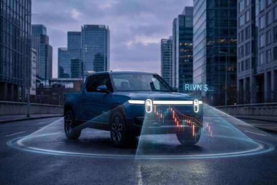 Dunkelblauer Rivian R1T mit futuristischen Lichtstrahlen vor Finanz-Skyline. Ein fallender Börsenchart verdeutlicht die kritische Rivian Aktie Analyse.