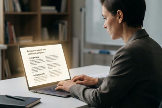 Professionelle Person arbeitet konzentriert am Laptop, dessen Bildschirm klar strukturierte Inhalte zeigt. So lassen sich gute Online-Texte schreiben.