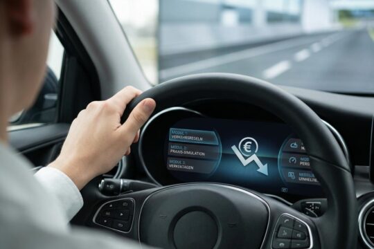 Junge Hand am modernen Lenkrad; das digitale Display zeigt Lernmodule und sinkende Kosten, ein Kernaspekt der Reform der Fahrschulausbildung.