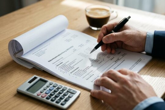 Professionelle Hände prüfen sorgfältig eine Nebenkostenabrechnung auf einem hellen Holzschreibtisch. Mit einem Kugelschreiber werden wichtige Posten markiert, ein Taschenrechner liegt bereit.