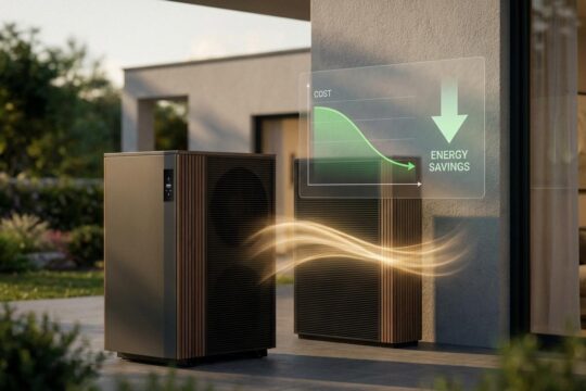 Moderne Luft-Wasser-Wärmepumpe am Einfamilienhaus, mit goldener Energie ins Haus. Ein Overlay visualisiert, wie die Wärmepumpe Funktion und Kosten optimiert.