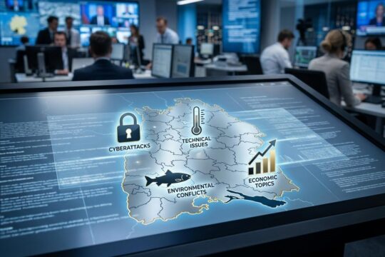 Leuchtender Bildschirm mit Karte von Baden-Württemberg und aktuellen Meldungen: Symbole für Datenklau, kalte Schulen und Bodensee-Streit.