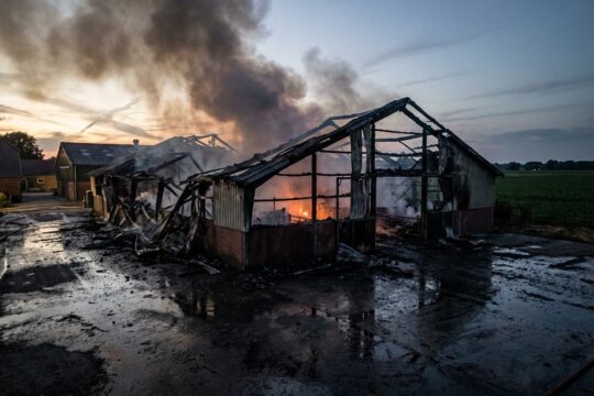 Verkohlte Ruine des Brand Schweinestalls Riedstadt in der Dämmerung. Rauch quillt aus den Trümmern, Glutnester glühen. Der Boden ist vom Löschwasser nass.