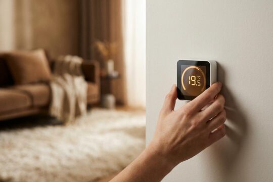 Eine Hand justiert einen smarten Thermostat auf 19.5°C. Dies hilft, Heizkosten zu sparen und sorgt für behagliche Wärme im Wohnzimmer.