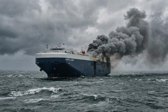 Ein moderner Autofrachter auf rauer Nordsee, aus dessen Heck eine dichte Rauchfahne steigt. Sie zeigt den Brand auf dem Autofrachter unter düsterem Himmel an.