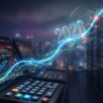 Leuchtende neuronale Netzwerke bilden einen steigenden Graph mit der Jahreszahl 2026, der die KI Aktien Prognose 2026 abbildet, aber auch drohende Volatilität andeutet.