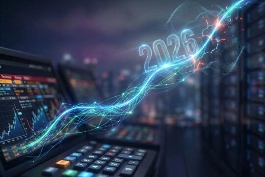 Leuchtende neuronale Netzwerke bilden einen steigenden Graph mit der Jahreszahl 2026, der die KI Aktien Prognose 2026 abbildet, aber auch drohende Volatilität andeutet.