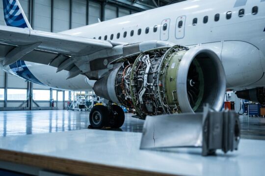 A320neo-Rumpf mit fehlendem Triebwerk und gerissener Turbinenschaufel verdeutlichen die Airbus Produktionssteigerung Probleme.