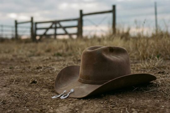 Melancholisches Bild: Ein abgelegter Cowboyhut liegt getrennt von einem funkelnden Silberohrring auf trockenem Boden. Eine Metapher für die Bella Hadid Adan Banuelos Trennung.